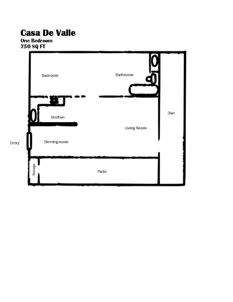 Floor plan for 1 bed, 1 bath, 750 sqft